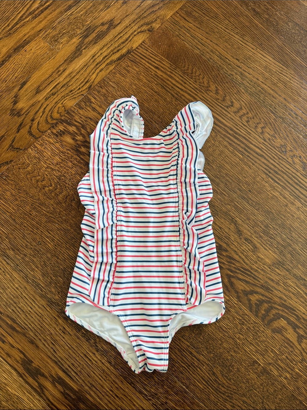 Minnow Girls Striped Ruffle One-Piece Swimsuit - Red, Blue, White